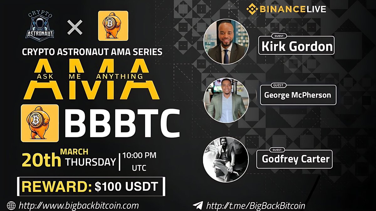 We are pleased to Announce our next AMA! With #BBBTC

🔶𝗕𝗜𝗡𝗔𝗡𝗖𝗘 𝗟𝗜𝗩𝗘 🔶

🎁Reward: $100 USDT

🏠Venue: binance.com/en/live/u/4262…

📆Date: 20th March 2025

🕒Time: 10:00 PM UTC 

🔰Rules
Comment, Like,Retweet &amp; Follow