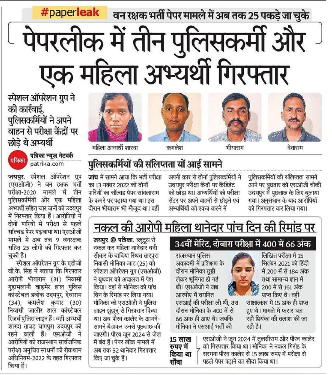 SOG Rajasthan (@sog_rajasthan) on Twitter photo #SOG arrested 5 more accused yesterday in the paper leak case of Forest Guard Recruitment Exam 2020 and Sub Inspector Recruitment Exam 2021.
#soginaction #BreakingNewsтАМ
<a href="/PoliceRajasthan/">Rajasthan Police</a> #SOG arrested 5 more accused yesterday in the paper leak case of Forest Guard Recruitment Exam 2020 and Sub Inspector Recruitment Exam 2021.
#soginaction #BreakingNewsтАМ
<a href="/PoliceRajasthan/">Rajasthan Police</a>