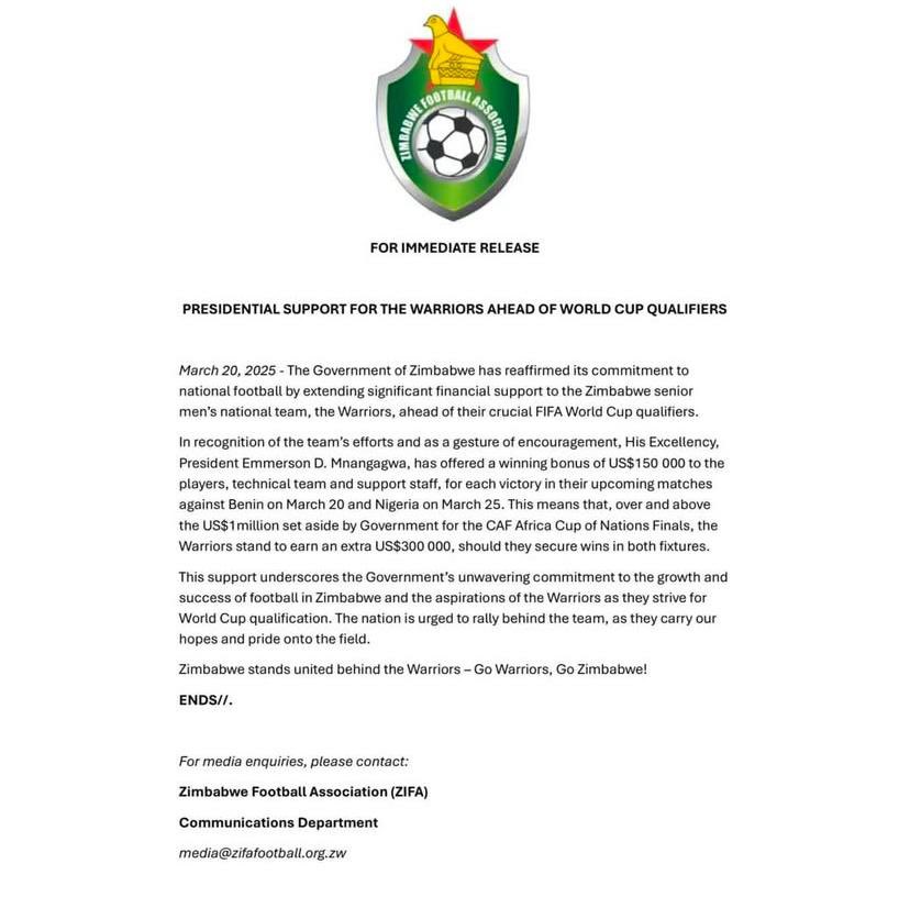 President dangles $150k carrot to Warriors.

The Zimbabwe Snr Men’s national team will get US$150 000 if they record a win against Benin tonight in Durban, Southern Africa.