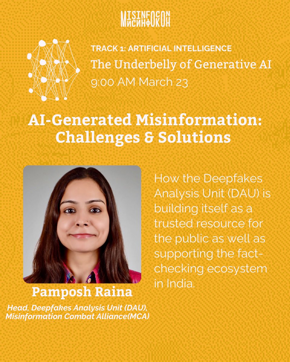 tattlemade's tweet image. Meet Our #MisinfoCon 2025 Speakers!
Pamposh Raina will be delivering a lightning talk on AI-Generated Misinformation:
Challenges and Solutions.
馃搷 Join us in Bengaluru!
馃敆 Register now: misinfoconindia.com/register