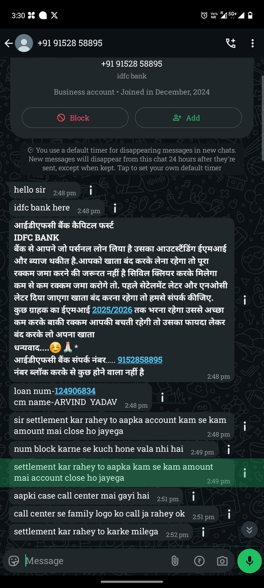 arvind15y's tweet photo. @IDFCFIRSTBank @cyberabadpolice 
Can you please check below no.. there are calling and asking for loan settlement which I had not taken. 
+91 9508138853
+91 8291479708
+91 9152858895 whatsapp number https://t.co/YjDgXrrlb0