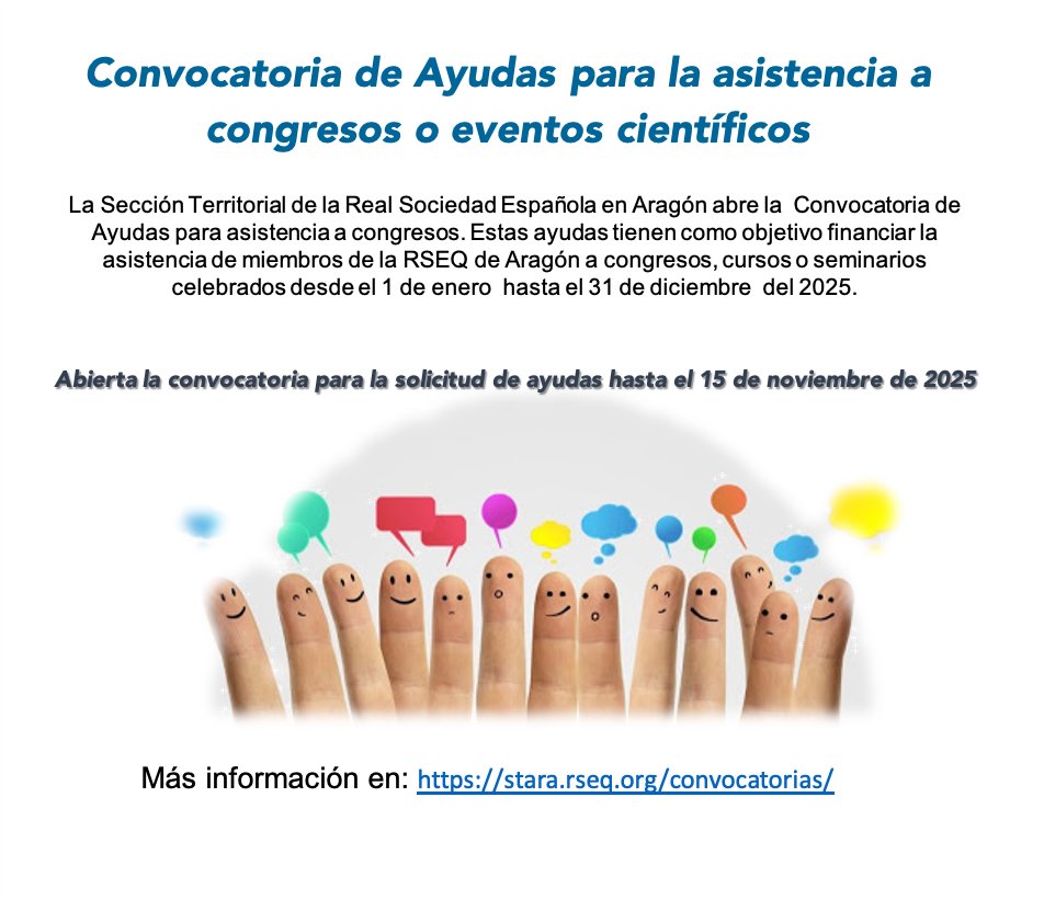 📢 ¡Atención investigadores en Aragón! 🎓🔬

La <a href="/RSEQUIMICA/">RSEQ</a> de Aragón abre su convocatoria 2025 de ayudas para asistir a congresos, cursos y seminarios. 🌍📖

📅 Hasta el 15 de noviembre de 2025
📍 ¡Viaja, aprende y conecta con la comunidad científica!

🔗 stara.rseq.org/convocatorias/