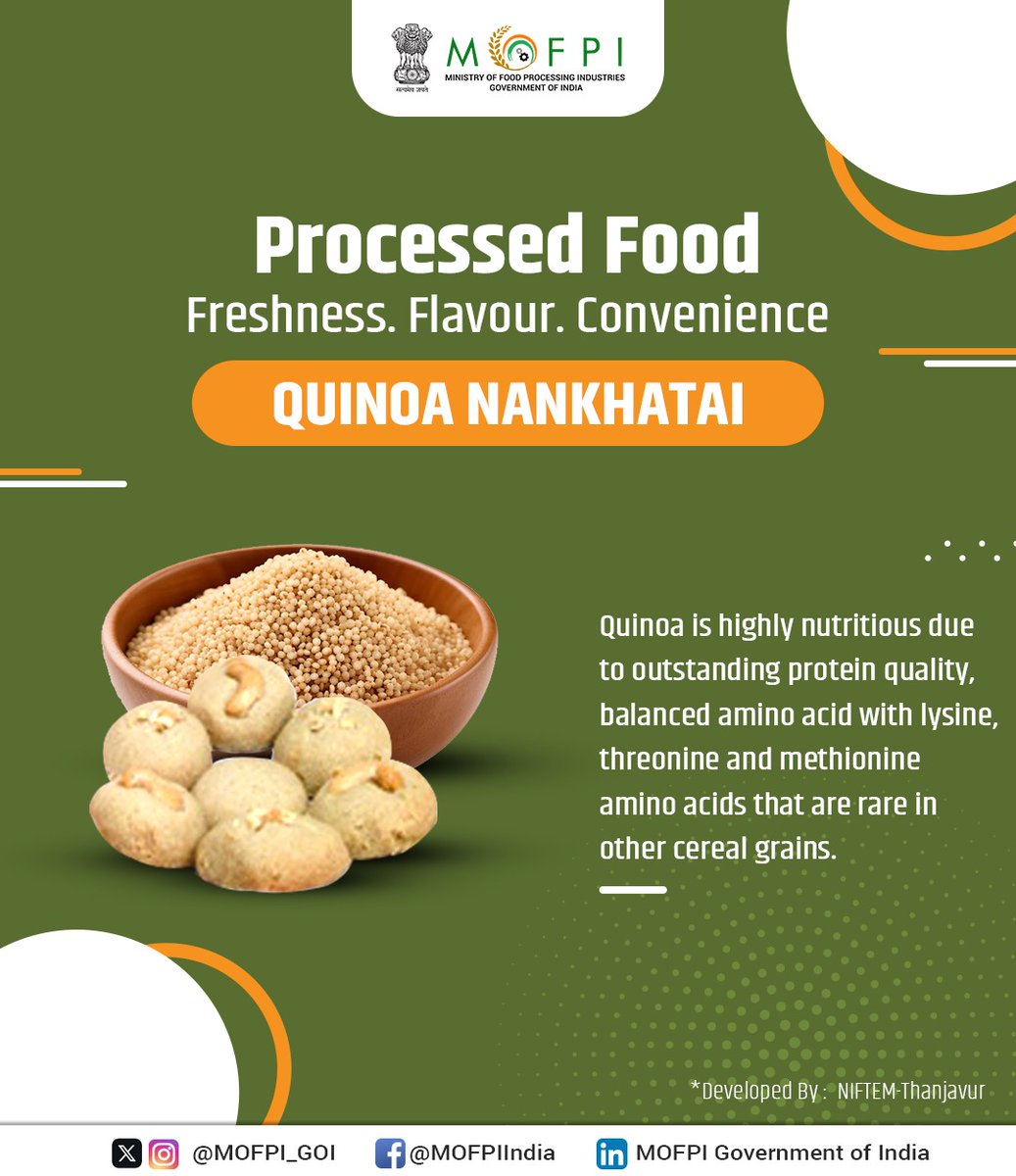 MOFPI_GOI's tweet image. A nutritious twist on the traditional nankhatai, Quinoa Nankhatai offers the goodness of #Quinoa, making it a healthier and gluten-free alternative. Packed with fiber and essential nutrients, it’s a delicious and guilt-free treat. 

#ProcessedFood
#ProcessingForProsperity