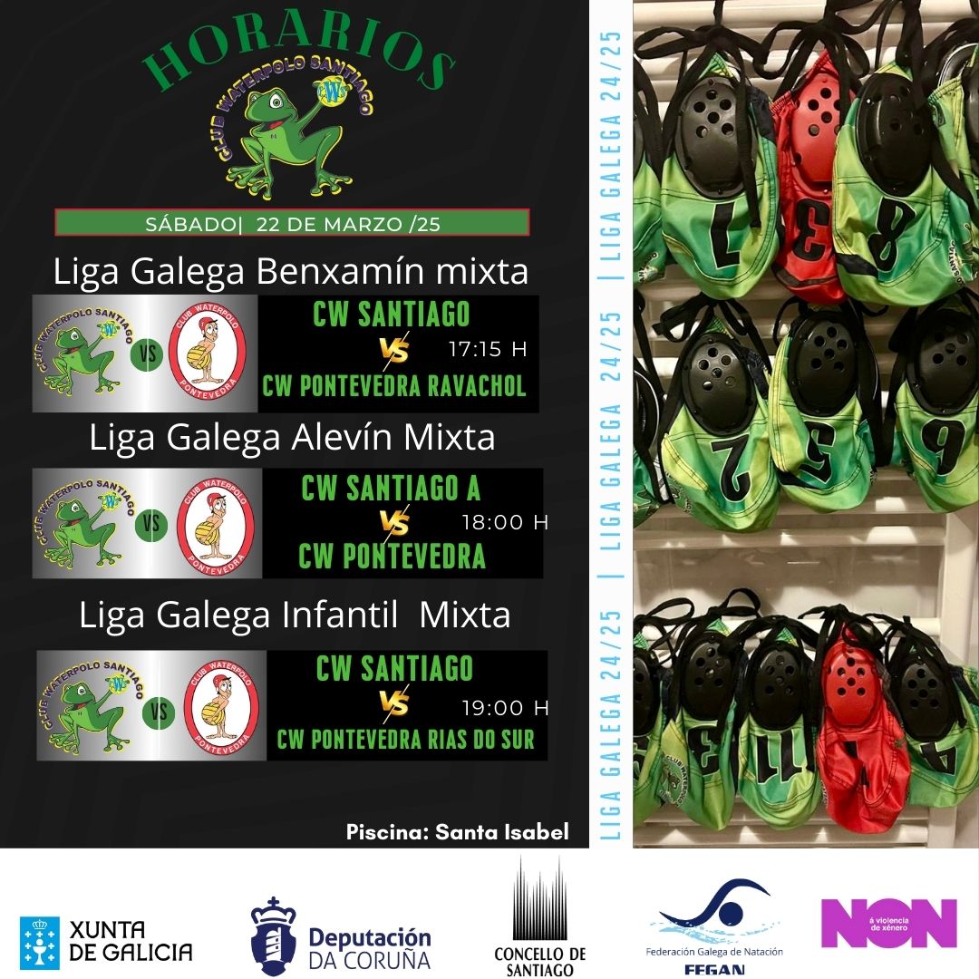 📢 Día de competición  Liga Galega de waterpolo
📌 Liga Galega Benxamín Mixta
🕔 17:15 h | CW Santiago🆚CW Pontevedra Ravachol
📌 Liga Galega Alevín Mixta
🕕 18:00 h | CW Santiago A🆚CW Pontevedra
📌 Liga Galega Infantil Mixta
🕖 19:00 h | CW Santiago🆚CW Pontevedra Rías Do
Sur
