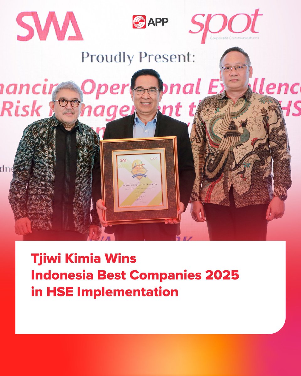 APPGroup_ID's tweet photo. We are honored that PT Pabrik Kertas Tjiwi Kimia, a business unit of APP Group, has received the Indonesia Best Companies 2025 in HSE Implementation award from SWA Magazine.
This recognition motivates us to keep improving in Health, Safety & Environment.
#APPGroup #HSE https://t.co/EIUXqPbVjq
