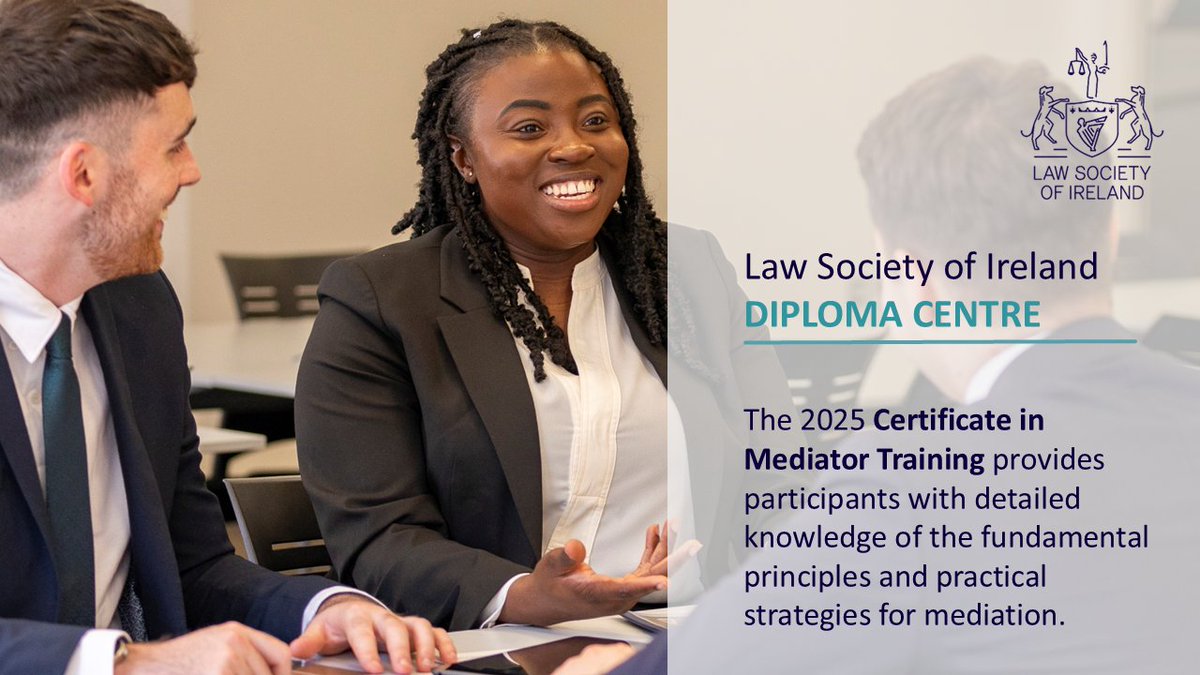 The Diploma Centre and Mediator Academy offer the Certificate in Mediator Training starting this April.

Learn how to approach #mediation under current law, how to run a successful mediation, and how to achieve the best results in the process: lawsociety.ie/education--cpd…
