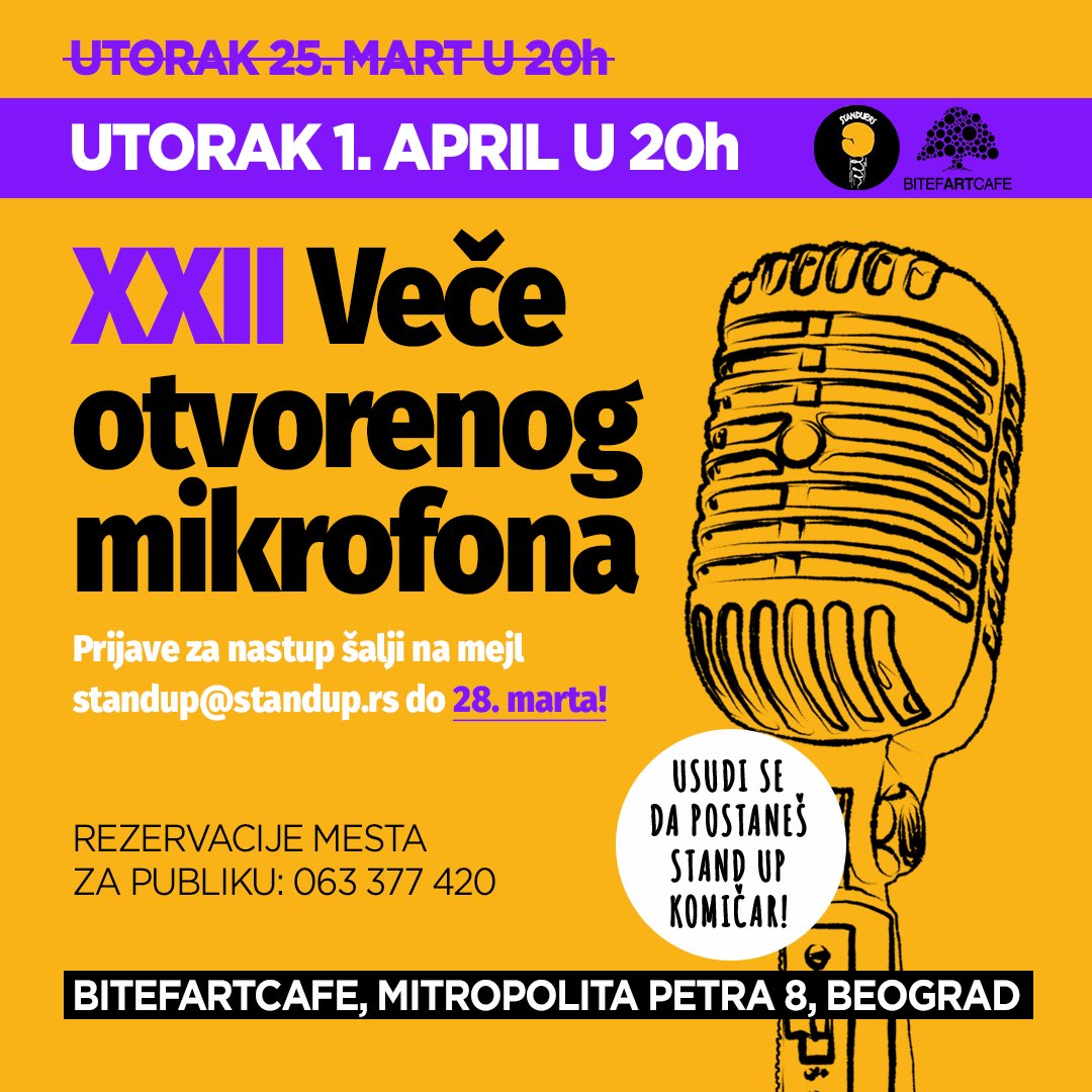 Usudi se da postaneš stand up komičar, prijavi se za veče otvorenog mikrofona! #openmic <a href="/BitefArtCafe/">BitefArtCafe</a> 

Info i način prijave: standup.rs/#vesti