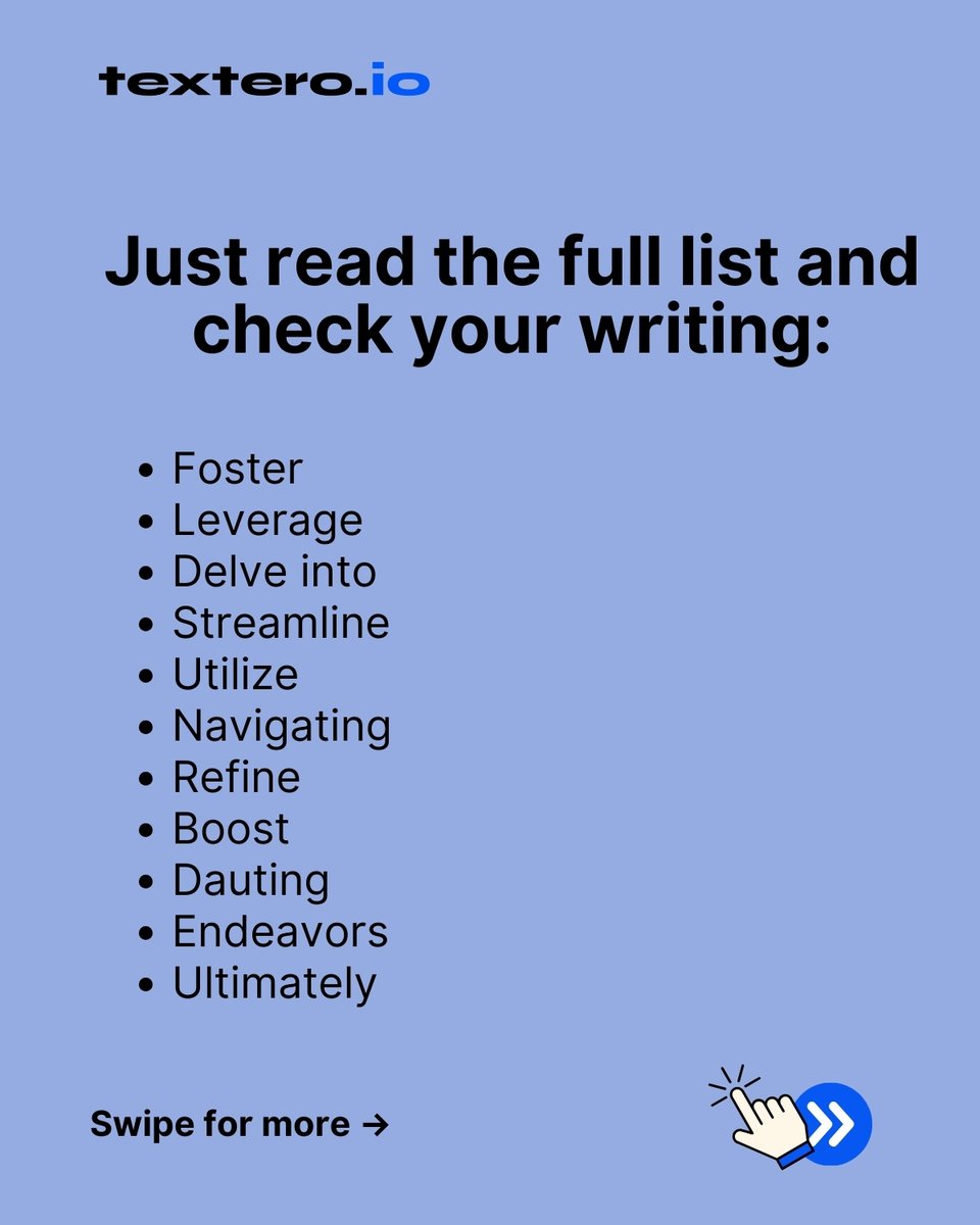 texteroai's tweet image. This compelling piece utilizes innovative strategies to enhance clarity and streamline your writing 😵 Sounds robotic, right? Get acquainted with the top 50 AI words to avoid and make your writing sound more like you.

Full article: textero.io/guides/common-…