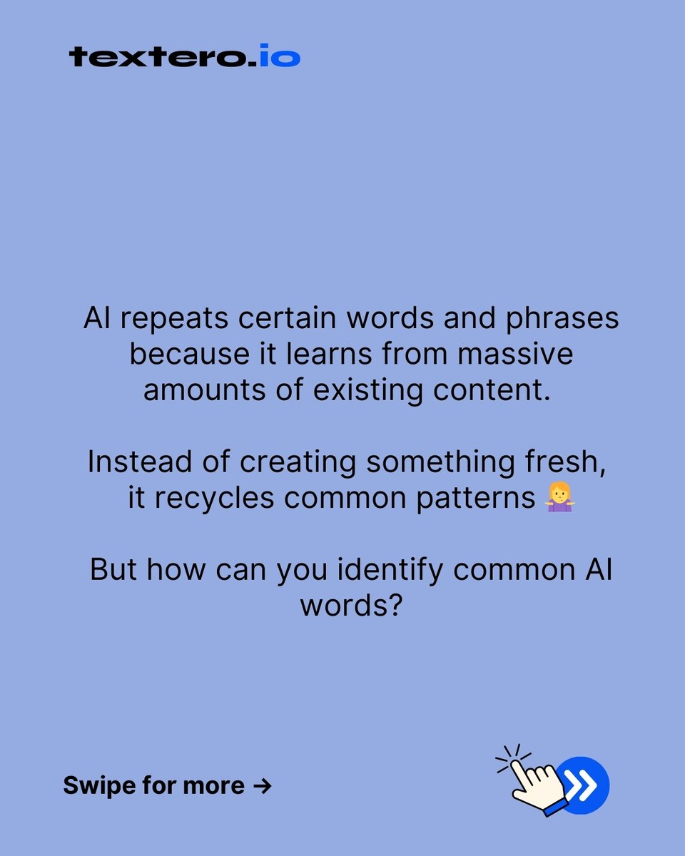 texteroai's tweet image. This compelling piece utilizes innovative strategies to enhance clarity and streamline your writing 😵 Sounds robotic, right? Get acquainted with the top 50 AI words to avoid and make your writing sound more like you.

Full article: textero.io/guides/common-…
