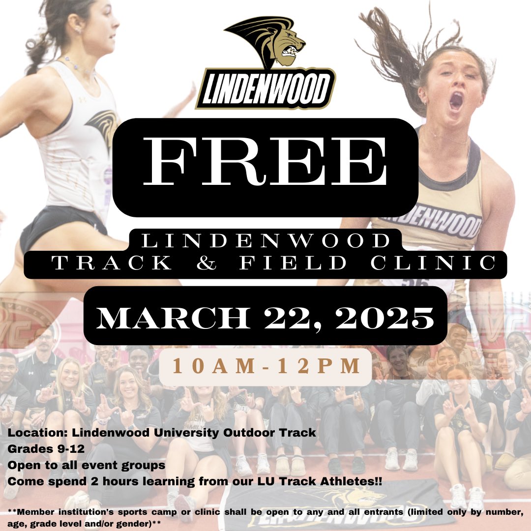 Calling all local trackstars! Come by the Lindenwood Track Saturday from 10am-Noon to learn from our athletes and have some fun! Great opportunity in prep for outdoor HS season!
