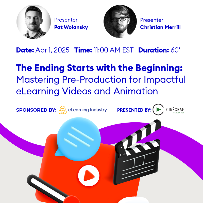 elearnindustry's tweet photo. Join @cinecraft on April 01 in a live webinar to discover how strategic pre-production can transform your eLearning content—because a successful ending always starts with the right beginning.
Save your spot: https://t.co/EDYi4mRVJN
#elearningvideos #animation
