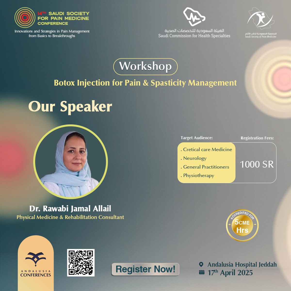 SSPainMedicine's tweet image. ورشة عمل (Botox Injection for Pain &amp;amp; Spasticity Management ) مع الدكتورة/روابي جمل الليل في المؤتمر الرابع عشر للجمعية السعوديه لطب الالم 
للتسجيل عبر الرابط :

pmw.andalusia-academy.com

#kauweb
#fom_med_kau 
#kauhospital