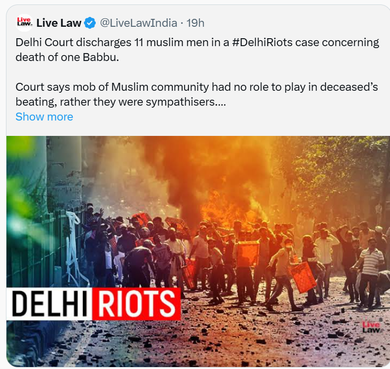 TariqueHind's tweet photo. दिल्ली की एक अदालत ने बब्बू नामक व्यक्ति की मौत से संबंधित #दिल्लीदंगा मामले में 11 मुस्लिम व्यक्तियों को बरी कर दिया।

अदालत ने कहा कि मृतक की पिटाई में मुस्लिम समुदाय की भीड़ की कोई भूमिका नहीं थी।

हिंदू समुदाय की भीड़ से जुड़े 8 लोगों के खिलाफ हत्या का आरोप तय किया गया। https://t.co/T0AdaZsf1h