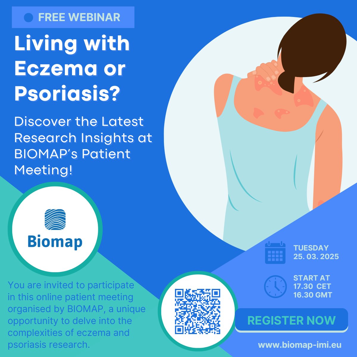 The team who created the #mySkin study is also part of the BIOMAP consortium, who are running a free webinar to explore the complexities of #eczema and #psoriasis with leading experts!

🗓️25 March 2025, 17:30–19:00 CET / 16:30–18:00 GMT 

📍On Zoom

✍️Register via link in our bio