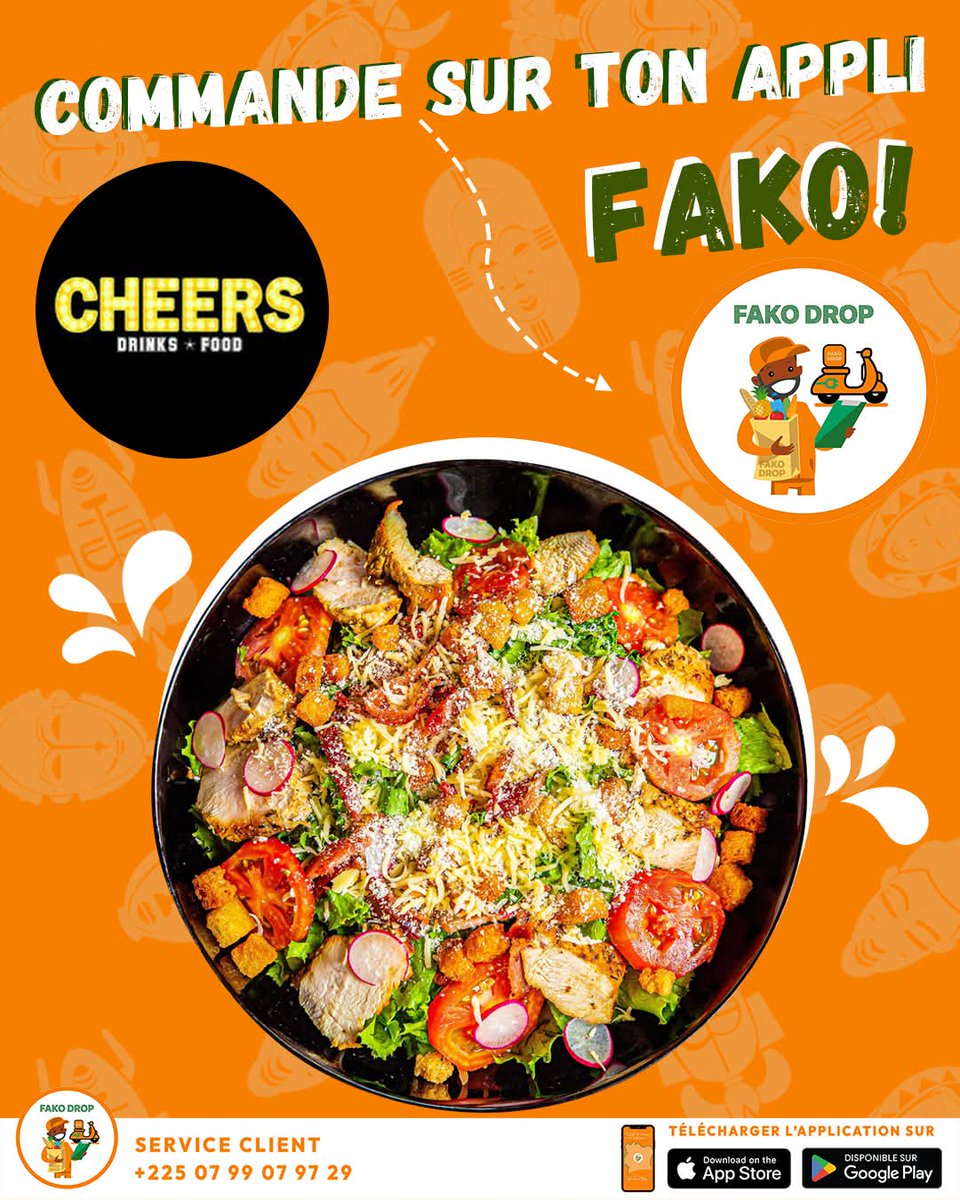 FakoDrop's tweet photo. Tu as faim ? Ne bouge pas, on s'occupe de tout ! 😋 Commande tes plats préférés chez @Cheers Abidjan  directement sur ton appli FAKO DROP !🍔🥗 
📞 Service client : +225 07 99 07 97 29
📥 Téléchargez ton application https://t.co/AygrEYjLNR
#FakoDrop #fooddelivery #nourriture https://t.co/d9prfz4QAz