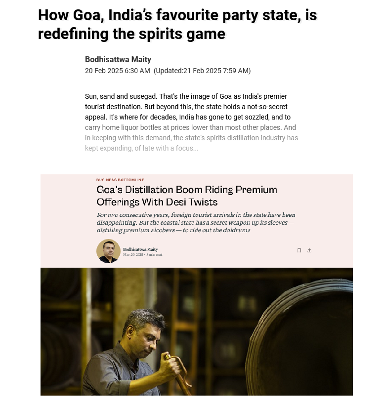 mlechha's tweet photo. Two stories on Goa's premium alcobev distillation by yours truly. The first one (https://t.co/IDlaEbEk1G...) gives an overview of the processes and strategies. The second (https://t.co/q30xOg0TJv...)  looks at the business side. There  is some overlap due to explanatory  paras. https://t.co/ovYauPTZmd
