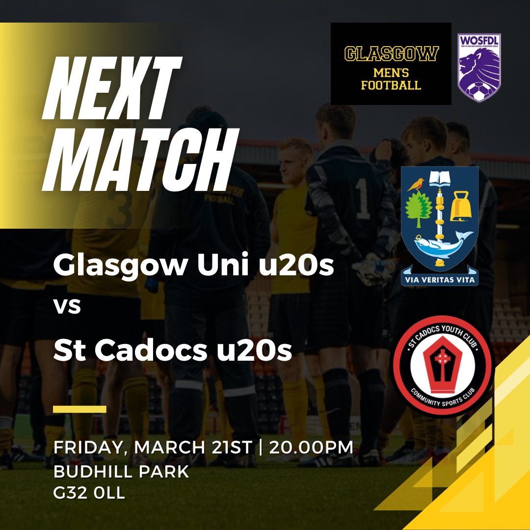 🟡⚫️ Next Match

We host high-flying <a href="/SCYCDevSquads/">St Cadoc’s YC Development (U20s)</a> in our next league game at Budhill Park. A fantastic contest for our young team! 

📅 Friday, 21 March
🏟️ Budhill Park
📍 2A Hallhill Road, Springboig, Glasgow, G32 0LL
⏲️ KO at 20:00

📣 Come support the boys!  
<a href="/GlasgowUniFC/">GUFC</a>