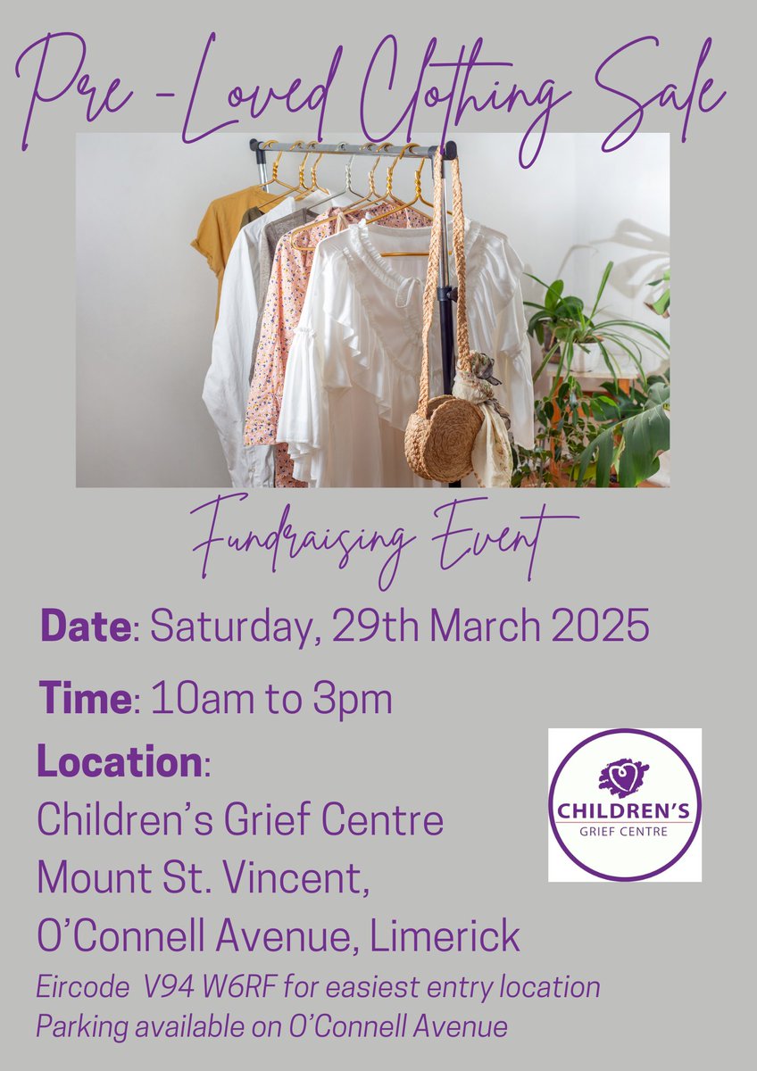 Join us on March 29th for our first ever Pre-Loved Clothing Sale.  We have 100's of items from high street to designer to choose from. Who doesn't love a bargain!! See you on the day 💜
#prelovedclothing
#childrensgriefcentre