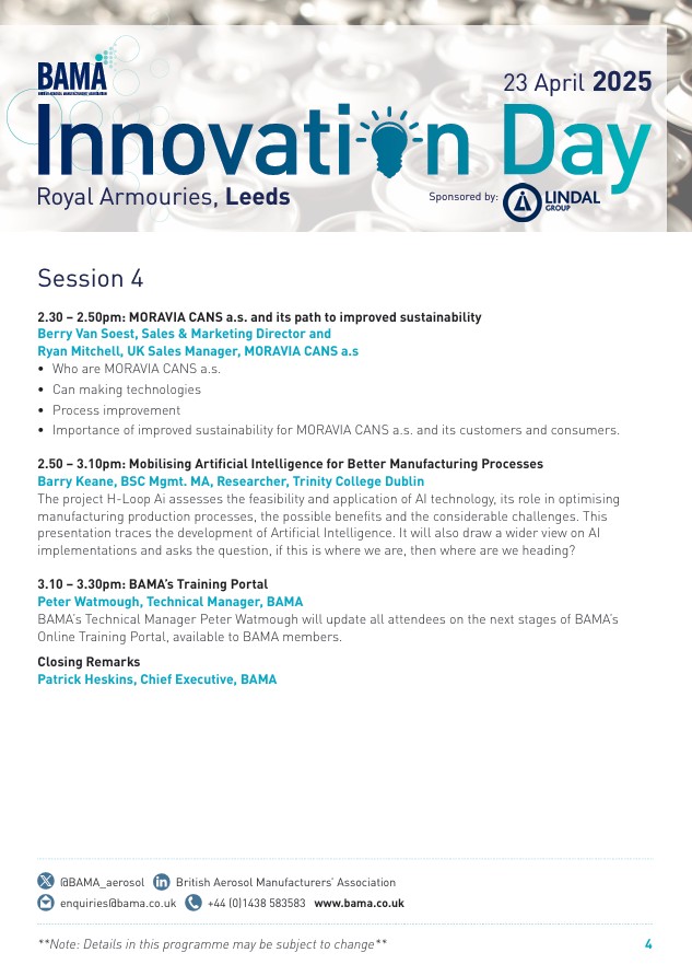 The Speaker Programme is finalised and we're all set for another exciting and informative BAMA Innovation Day 2025 on the 23rd April!

If you haven’t booked your FREE place yet, please visit: bama.co.uk/event/Innovati…

#aerosols #innovation #2025 #event #BAMA