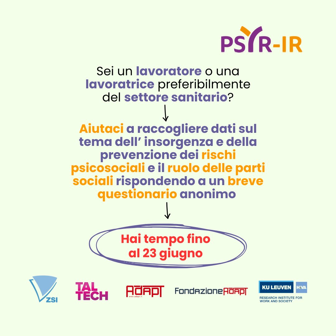 📥Aiutaci a raccogliere dati sul tema dell'insorgenza e della prevenzione dei #RischiPsicosociali e sul ruolo delle parti sociali rispondendo a un breve questionario anonimo. Il tuo contributo è molto importante! 📷Ecco il link al questionario: websurvey.hiva.kuleuven.cloud/361489