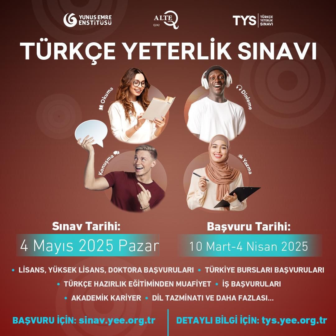 Türkçenin ALTE onayını alan uluslararası geçerliğe sahip ilk dil sınavı #TürkçeYeterlikSınavı (TYS) başvuruları devam ediyor!  

Sınav Tarihi: 4 Mayıs 2025 
Başvuru Tarihi: 10 Mart-4 Nisan 2025
Başvuru İçin: sinav.yee.org.tr
Ayrıntılı Bilgi İçin: tys.yee.org.tr