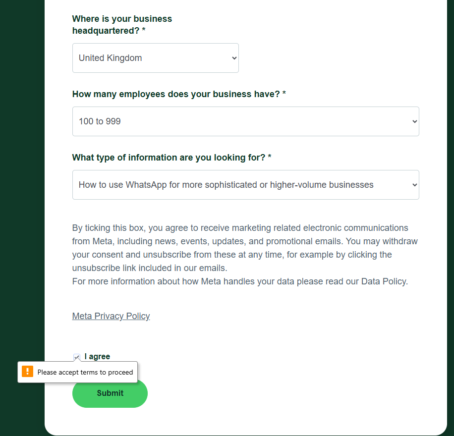 rhodcodes's tweet photo. @WhatsApp I've been trying to get in touch via your 'Get Started' to discuss WhatsApp Business and your form won't accept that the 'I agree' button is checked and not letting me submit my details. https://t.co/LbajYUVvOY