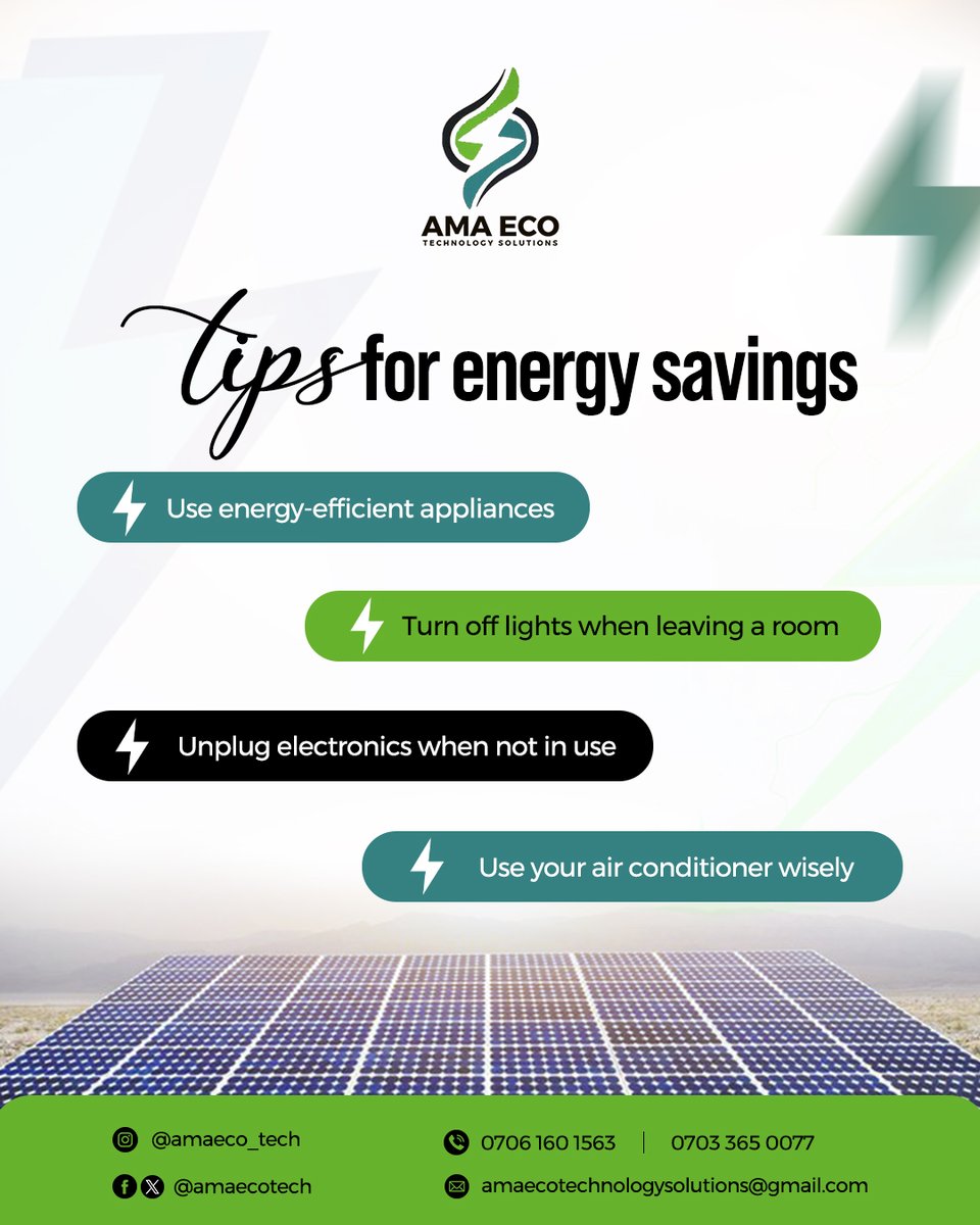 ama_eco_tech_25's tweet photo. Want to save money and energy this year? Check out our top tips.

1. Choose appliances that are designed to consume less power.
2. Switch off the lights whenever you're not using a space.
3. Disconnect devices from the power outlet when they're not charging or being used. https://t.co/28PkBNwdDx