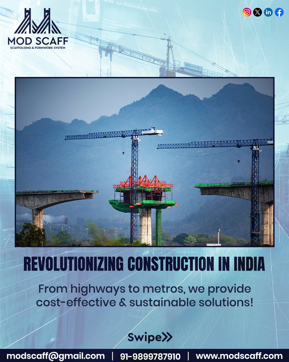 ModscaffIndia's tweet image. 🏗 Building the Future with Strength &amp;amp; Innovation! 🚀 

📱: 989 978 7910
🌐: modscaff.com (Link in Bio)

#ModScaff #ScaffoldingSolutions #FormworkExperts #BuildingTheFuture #ConstructionLife #InfrastructureGrowth #BridgeConstruction #TunnelEngineering #HighRiseProjects
