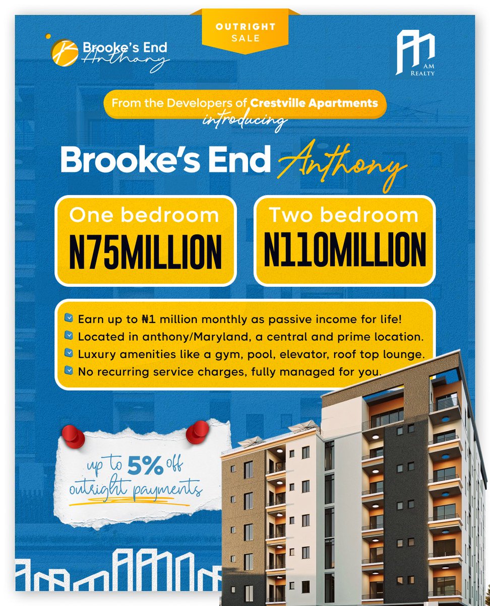 Anthony Maryland is that
low key hidden treasure🤩🤩

PRICES;
One bedroom - 75 Million Naira
Two bedroom - 100 Million Naira

The FAQ and further information are available upon request.

To schedule a private viewing, please send us a DM or contact:
Ayobami: +234 706 856 0860