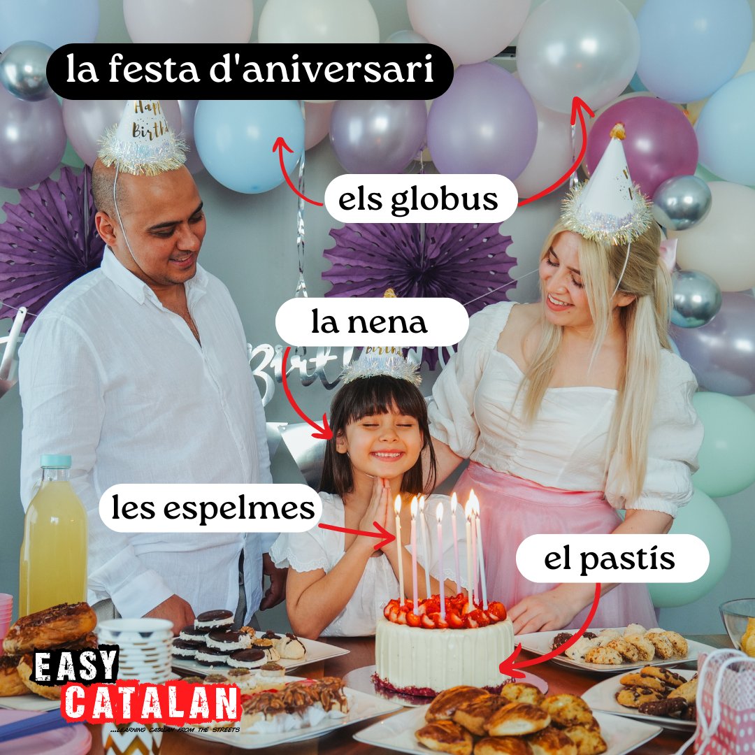 Quan és el teu aniversari? 🎉

VOCABULARI 📝
la festa d'aniversari - birthday party - fiesta de cumpleaños
els globus - balloons - globos
la nena - girl - niña
les espelmes - candles - velas
el pastís - cake - pastel/tarta

#vocabulary #Catalan