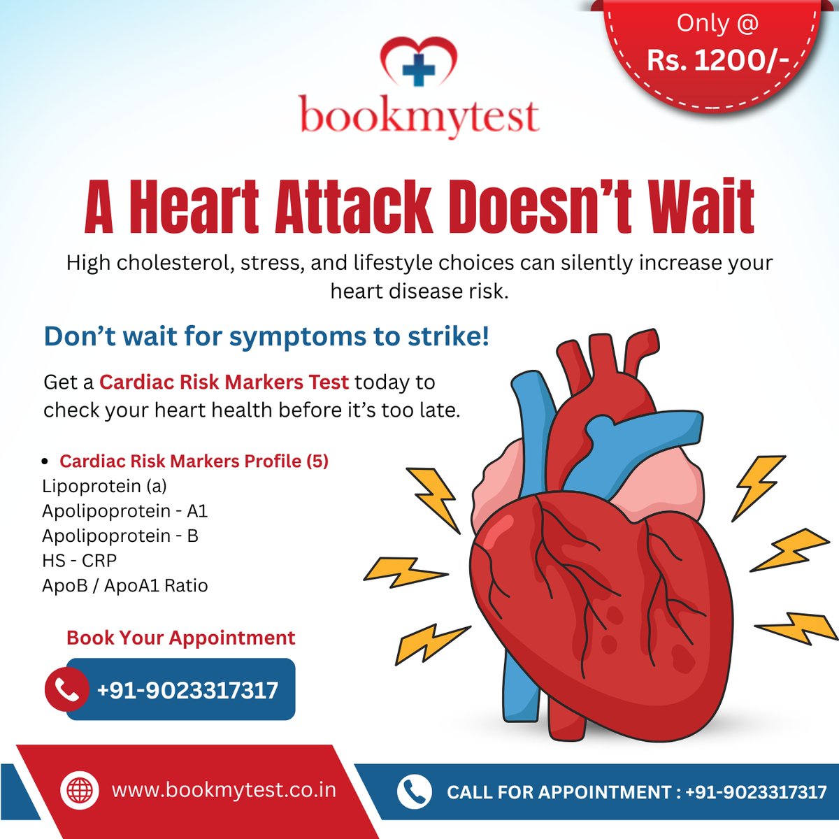 Bookmytest_'s tweet image. 💓 Get a Cardiac Risk Markers Test today to check your heart health before it’s too late.

💰 Only @ Rs. 1200/-
📞 Book Your Appointment Now: +91-9023317317
🌐 Visit: bookmytest.co.in
#HeartHealth #CardiacTest #HeartAttackPrevention #StayHealthy #BookMyTest