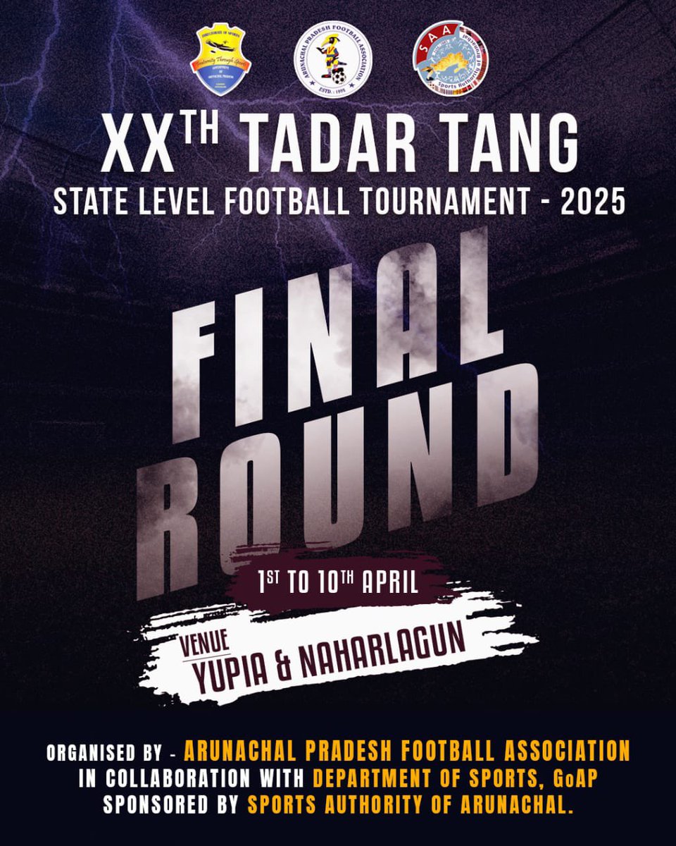 PemaKhanduBJP's tweet photo. The Zonal Round of the 20th Tadar Tang State Level Football Tournament is nearing completion across four zones - Namsai, Nari, Daporijo, and Tawang. As excitement builds, get ready for the grand Final Round from April 1st to 10th, 2025.

This year, 28 teams, including AP Police, battled fiercely in the zonal stages. Eleven qualified teams will now join defending champions Papum Pare to compete at Golden Jubilee Stadium Yupia, and RG Stadium Naharlagun.

Brace yourself for high-octane football action as Arunachal’s best teams clash for glory in this prestigious tournament!