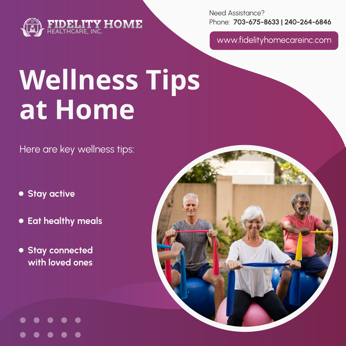 Fidelityhhc's tweet photo. Maintaining wellness at home is vital. Follow these tips to ensure your loved one stays healthy, active, and happy. We’re here to support your journey toward wellness! 

#HomeHealthCare #LaurelMD #StayHealthy https://t.co/XeAnmKnGwp