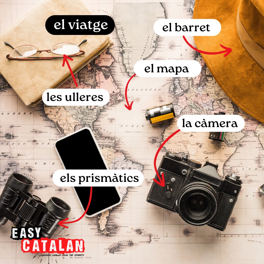 Quin ha estat el millor viatge que has fet mai? 🧭🌍

VOCABULARI 📝
el viatge - travel - viaje
el barret - hat - sombrero
el mapa - map - mapa
les ulleres - glasses - gafas
la càmera - camera - cámara
els prismàtics - binoculars - prismáticos

#Catalan #vocabulary