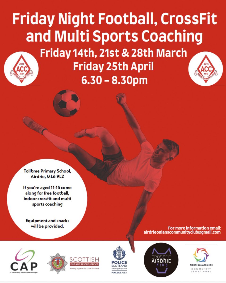 CSHNorthLan's tweet image. #CommunitySportHubs |
We are delighted to continue our support of @AirdrieoniansC and @CrossfitAirdrie in delivering a FREE Friday night multi - sport activity project to local Airdrie young people aged 11-15 years of age ⬇️
⚽️🏀🏐⛹🏼♀️🎾
@CAPUKTweets @PSOSLanarkshire @fire_scot