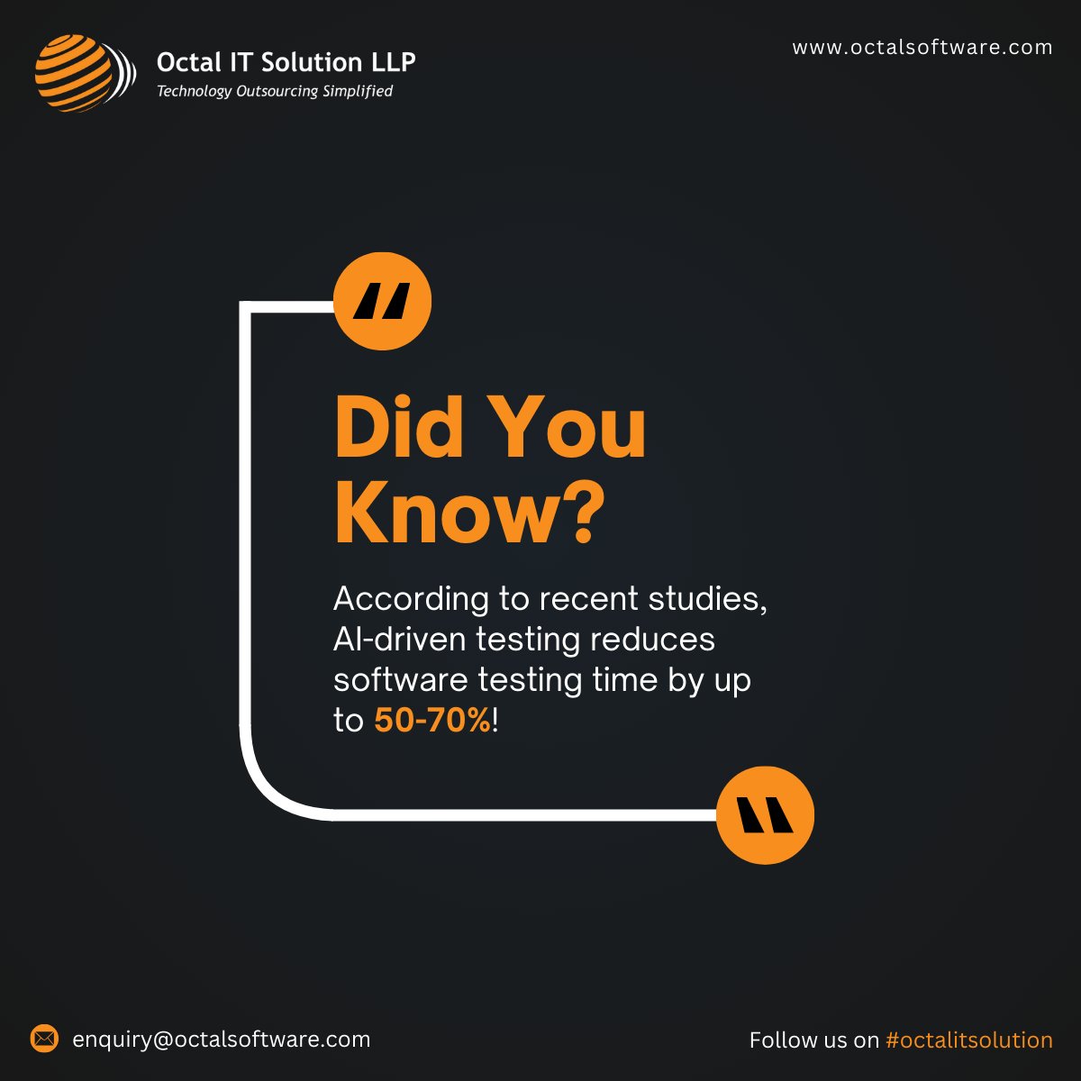 octalitsolution's tweet image. Slash your testing time by up to 70%! AI-driven testing is revolutionizing software development. Are you ready to embrace the future? #AI #SoftwareTesting #Automation #TechInnovation #Efficiency #OctalITSolution