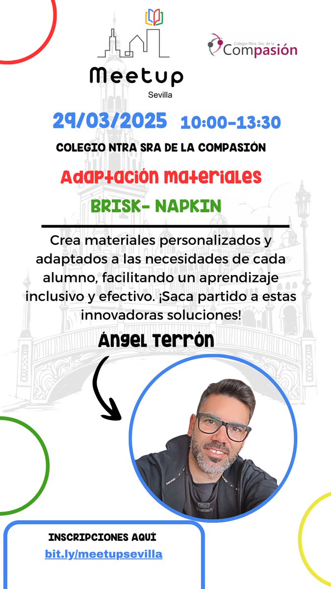 GEGSpain's tweet photo. Si has conseguido inscribirte en #MeetupSevilla, ¡prepárate para un encuentro  innovador! 29/03, @AngelTerrn: materiales adaptados con Brisk &amp; Napkin. ¡Aula inclusiva! 

⏰10:00-13:30

📍Colegio Ntra. Sra. de la Compasión, Sevilla.@NSraCompasion

@GEGSpain @grupoandaluzia https://t.co/cbKIK53dXD
