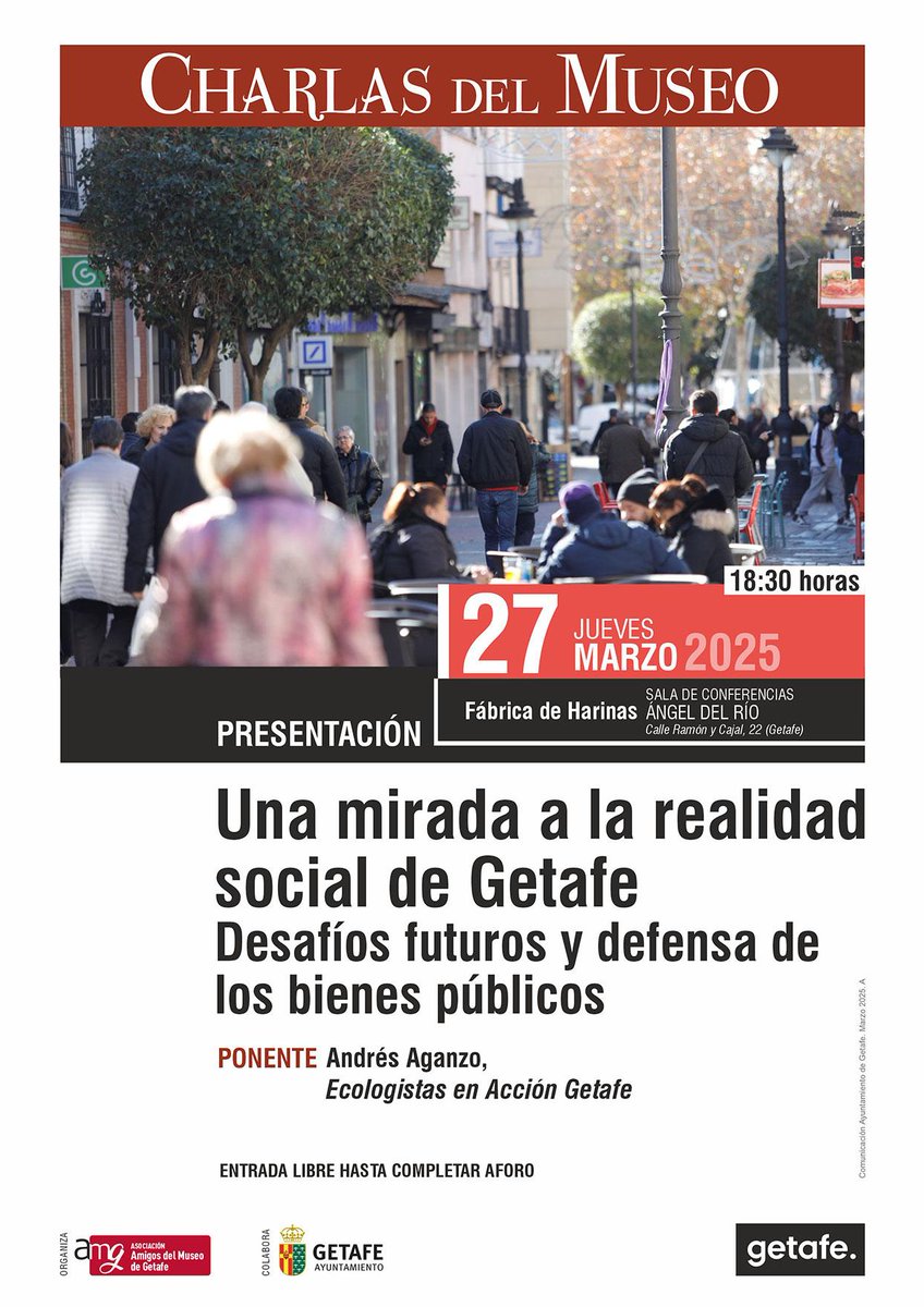 ¡Os esperamos en la próxima charla del Museo, el jueves 27 de marzo a las 18:30!
 #museovirtualgetafe #charlasdelmuseo #Getafe #realidad_social