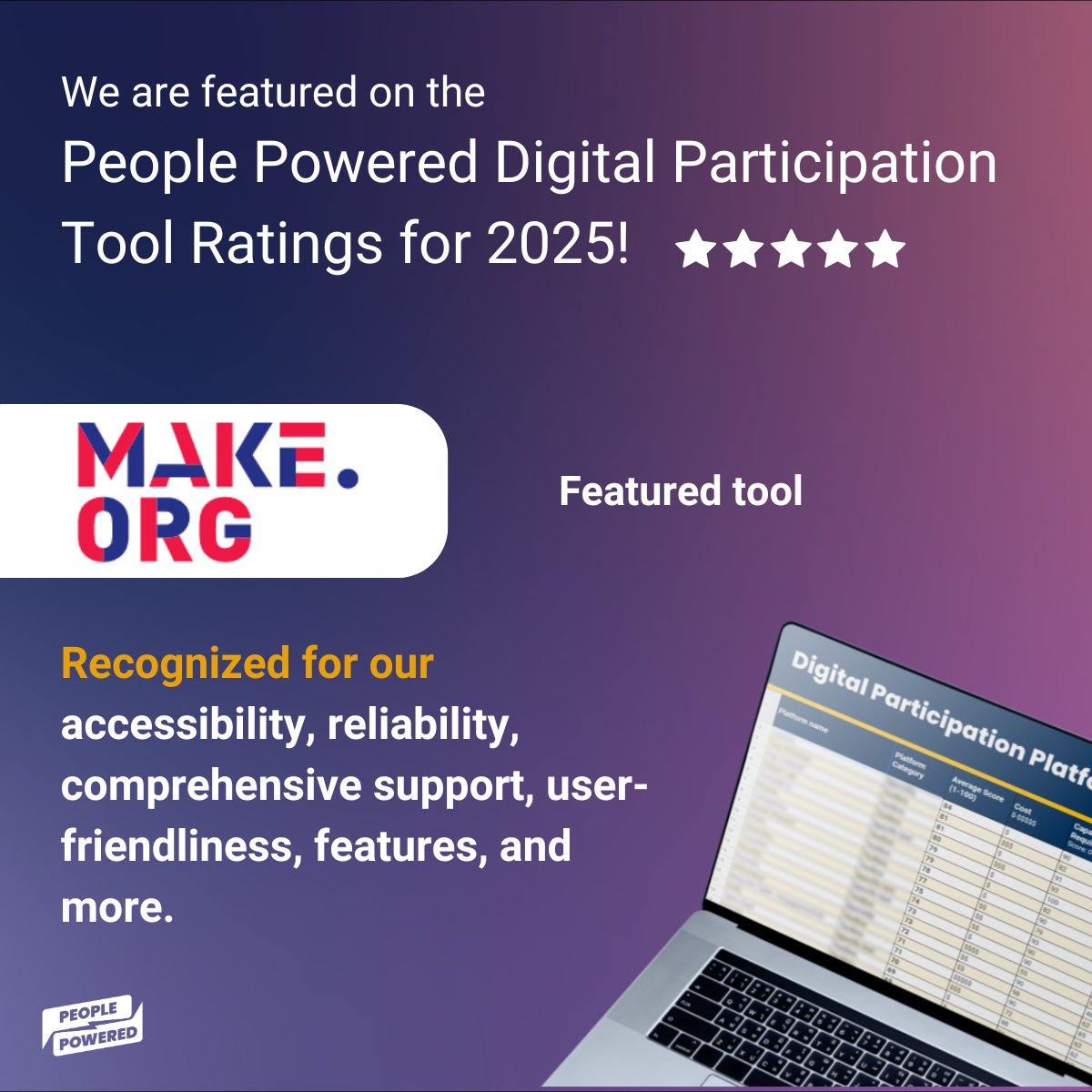 Make.org Global 🌎 (@make_org_global) on Twitter photo 📢 <a href="/Make_org/">Make.org</a> has been recognised by <a href="/PeoplePowrd/">People Powered</a> as one of the leading digital participation tools in its 2025 ratings!
Discover all our participatory solutions here ▶️ about.make.org/en/start-a-pro…
💡 About the 2025 Ratings for Digital Participation Tools: peoplepowered.org/platform-ratin… 📢 <a href="/Make_org/">Make.org</a> has been recognised by <a href="/PeoplePowrd/">People Powered</a> as one of the leading digital participation tools in its 2025 ratings!
Discover all our participatory solutions here ▶️ about.make.org/en/start-a-pro…
💡 About the 2025 Ratings for Digital Participation Tools: peoplepowered.org/platform-ratin…