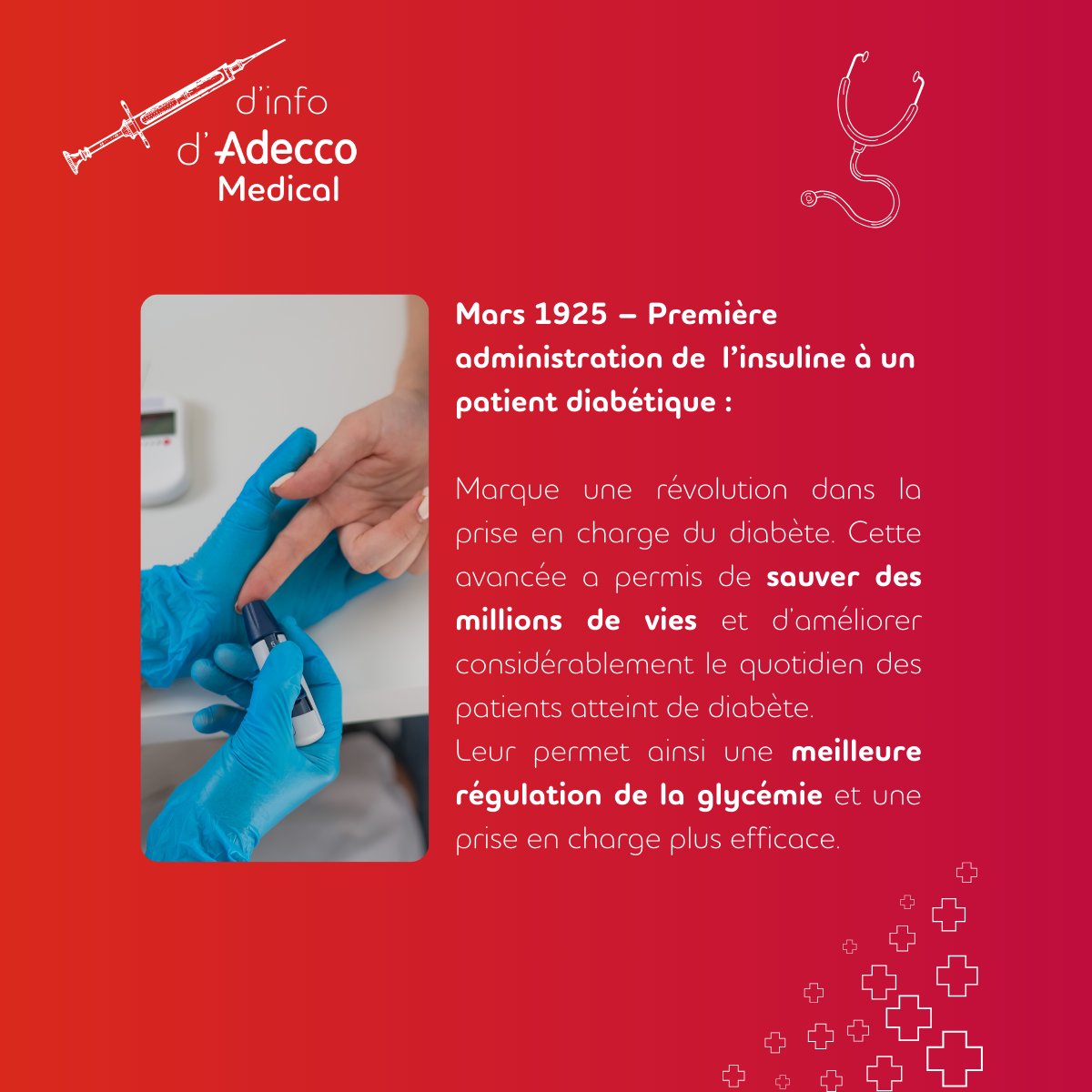 📅 13 mars 1925 : première injection d'insuline à un patient diabétique.

Une avancée qui a sauvé des millions de vies et transformé le traitement du diabète.

💡 L’innovation médicale continue !

📞 Adecco Medical : 0800 007 006 ou bit.ly/41RQHXJ