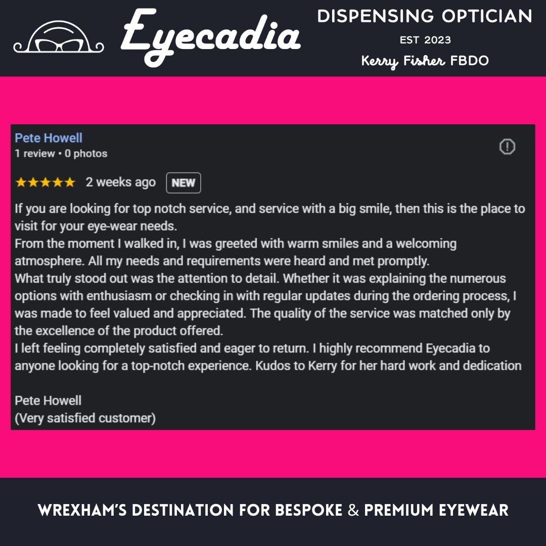 ⭐ Customer Testimonial! ⭐
Pete, thank you for the amazing Google review and your continued support.
Want to design your own? Head over to Eyecadia.co.uk to learn more 😎
#Eyecadia #BespokeGlasses #WrexhamBusiness