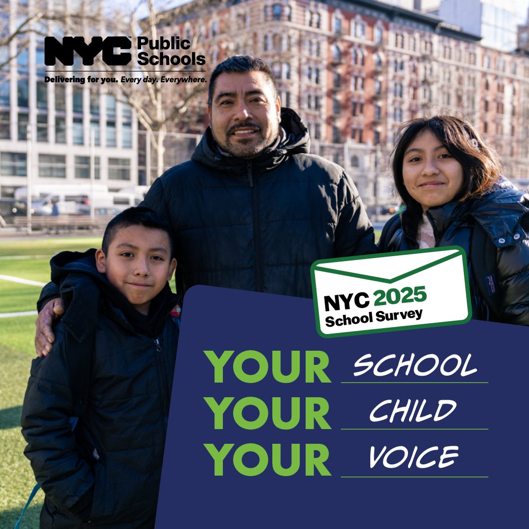 NYC Public Schools (@nycschools) on Twitter photo The 2025 #NYCSchoolSurvey allows NYC families to share feedback directly to <a href="/NYCSchools/">NYC Public Schools</a>—use your voice! 🗣️
School communities are integral to making sure schools provide the best education to students.
Fill out the survey today: nycschoolsurvey.org The 2025 #NYCSchoolSurvey allows NYC families to share feedback directly to <a href="/NYCSchools/">NYC Public Schools</a>—use your voice! 🗣️
School communities are integral to making sure schools provide the best education to students.
Fill out the survey today: nycschoolsurvey.org