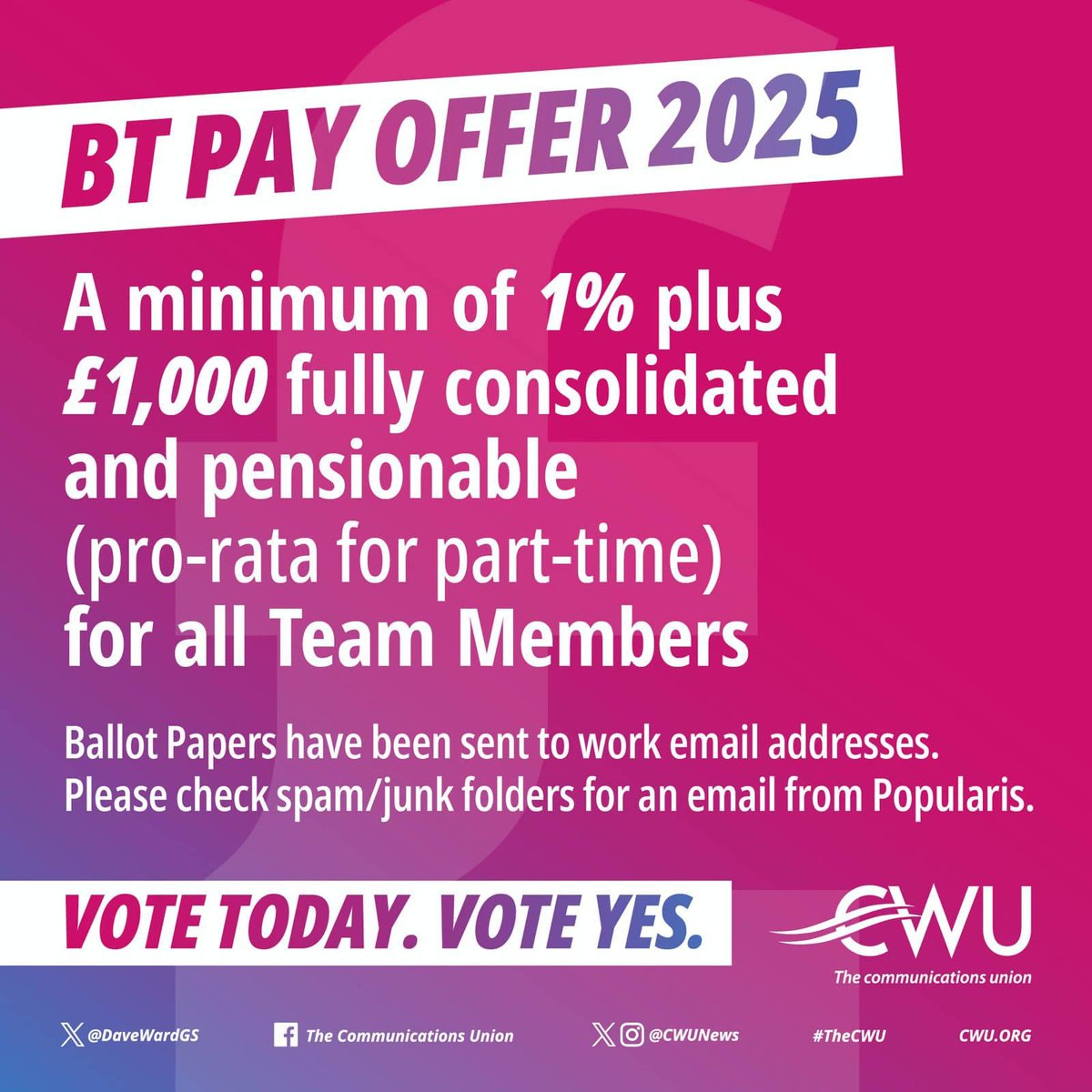 The CWU negotiated an above inflation pay rise.

The CWU is strongly recommending that members VOTE YES to accept the offer.

The ballot email will come to your work email address from 'Popularis' (check spam folder) and you have until Tuesday to USE YOUR VOTE!
#CWUandProud