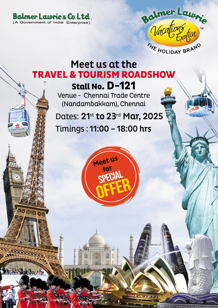 Balmer Lawrie Travel &amp; Vacations is participating in Travel &amp; Tourism Roadshow. Visit us at stall no. D- 121 at Chennai Trade Centre. 
#BalmerLawrie #Travel #Vacations #VacationsExotica #Roadshow