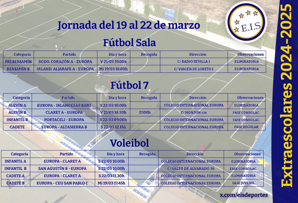 EISnews's tweet photo. 🔵 ¡Así se presenta esta jornada de los Juegos Escolares de "Educación y Gestión"! ⚽🏐

@EISdeportes

#EuropaEsMiColegio 💙🇪🇺
#VamosEuropa 💪🏻 https://t.co/sSyucRmoUz