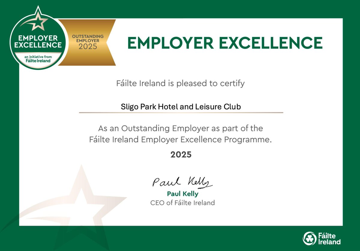 Sligo Park Hotel (@sligoparkhotel) on Twitter photo We are delighted to share that the Sligo Park Hotel has once again received the Outstanding Employer Gold Award 2025! ๐ Achieving the highest level of recognition in this programme is a true honour. Well done to our incredible team!๐ #FailteIreland <a href="/Failte_Ireland/">Fรกilte Ireland</a> We are delighted to share that the Sligo Park Hotel has once again received the Outstanding Employer Gold Award 2025! ๐ Achieving the highest level of recognition in this programme is a true honour. Well done to our incredible team!๐ #FailteIreland <a href="/Failte_Ireland/">Fรกilte Ireland</a>