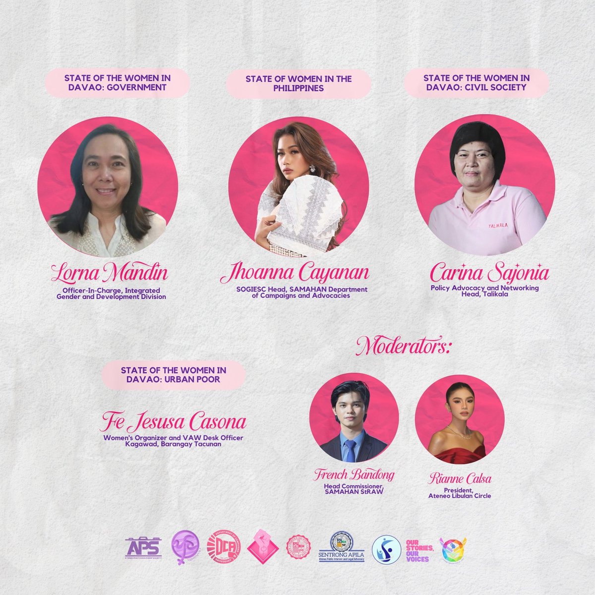 SAMAHAN_DCA's tweet photo. Meet the speakers of HERitage, who will ignite conversations and shed light on the diverse realities of women’s lives. 🎤💗

🗓️ March 21, 2025 
🕓 1:00 PM - 4:00 PM
📍 Bapa Benny Tudtud Auditorium

#WeavingStories📖
#EnrichingCommunities🫂 https://t.co/kpRVHOL347