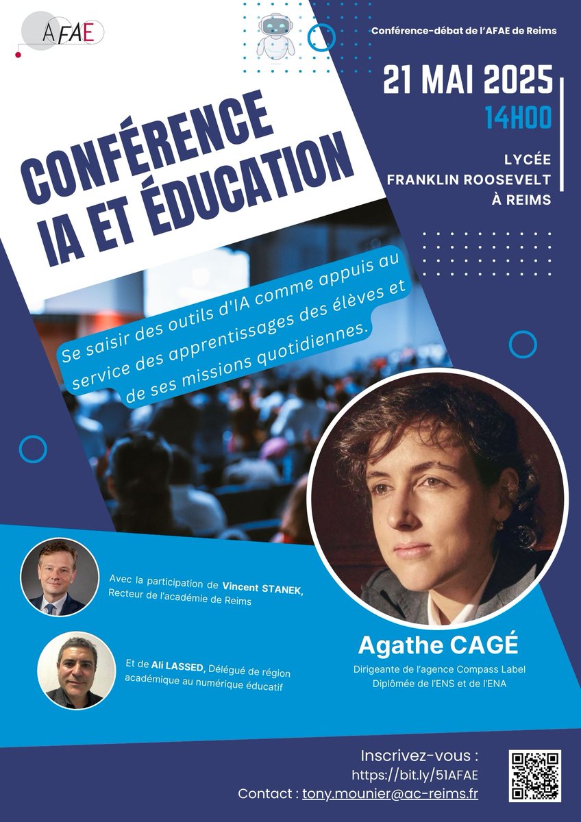 Enseignants, CPE, personnels d’encadrement et de l’éducation nationale,
 
L’AFAE  de Reims a le plaisir de vous proposer un évènement en académie le  mercredi 21 mai 2025 à 14h00 au lycée Franklin Roosevelt.

Inscription obligatoire : bit.ly/51AFAE
<a href="/afae_fr/">A.F.A.E.</a> <a href="/AcReims/">Académie de Reims</a>