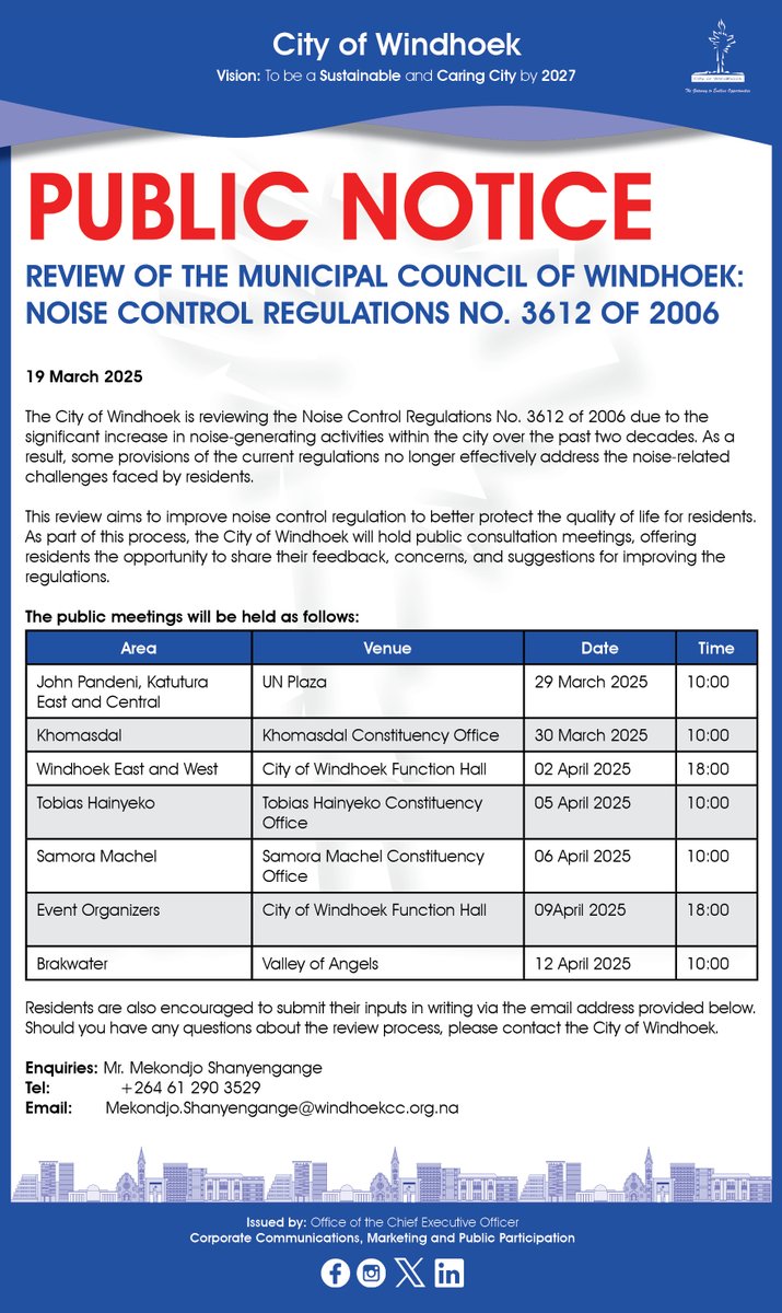 CoWMunicipality's tweet image. "City of Windhoek is reviewing its Noise Control Regulations to better protect residents from increasing noise pollution. Share your feedback and help shape a quieter, more peaceful community!  #Windhoek #NoiseControl #PublicConsultation #CommunityEngagement #BetterRegulations