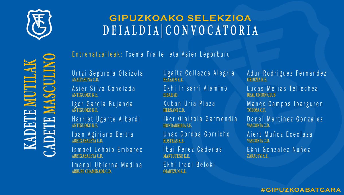 gipuzkoafutbola's tweet image. 🔵⚪️ 𝐊𝐀𝐃𝐄𝐓𝐄 𝐌𝐔𝐓𝐈𝐋𝐄𝐍 𝐆𝐈𝐏𝐔𝐙𝐊𝐎𝐀𝐊𝐎 𝐒𝐄𝐋𝐄𝐊𝐙𝐈𝐎𝐀

Hona hemen Txema Fraile eta Asier Legorburu hautatzaileek deitu dituzten jokalariak.

🔗 lc.cx/I4gtzO

#GipuzkoaBatGara